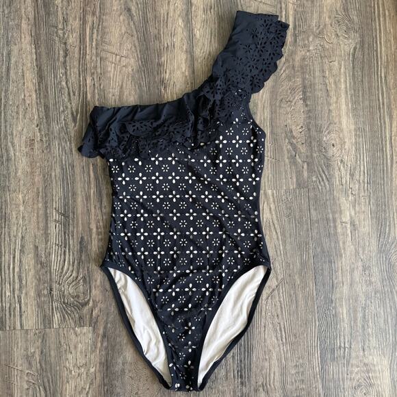 J. Crew Scalloped Ruffle One-Shoulder One Piece Swimsuit in Black 10 - Picture 2 of 9